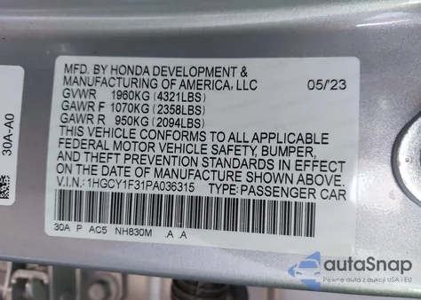 2023 Honda Accord Ex from USA, damaged, VIN 1HGCY1F31PA036315